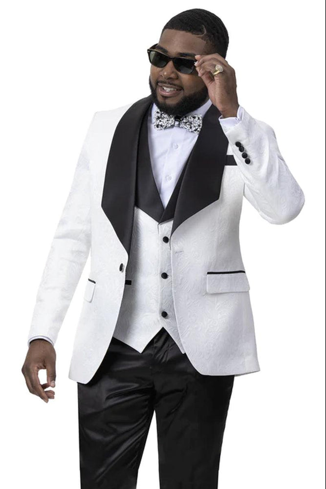 EJ Samuel Men's Paisley Shawl Collar Vested Tuxedo for Prom & Weddings - Black & White - USA Men's Outlet