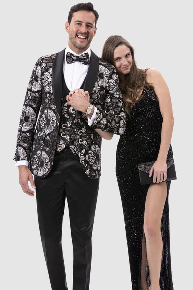 "EJ Samuel Men's Paisley White, Gold & Black Vested Prom Tuxedo" - USA Men's Outlet