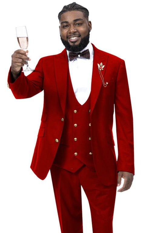 EJ Samuel Men's Red Vested Suit w/ Double Breasted Bespoke Gold Buttons - USA Men's Outlet