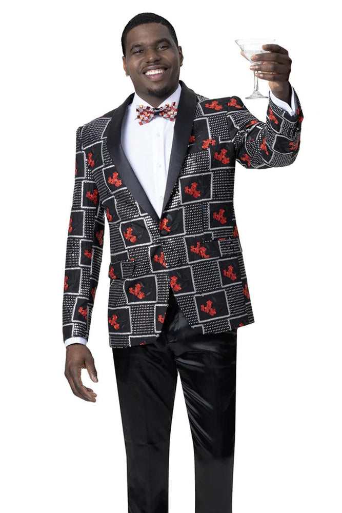 EJ Samuel - Men's Shawl Lapel Tuxedo Jacket in Bold Pattern, Black & Red - USA Men's Outlet