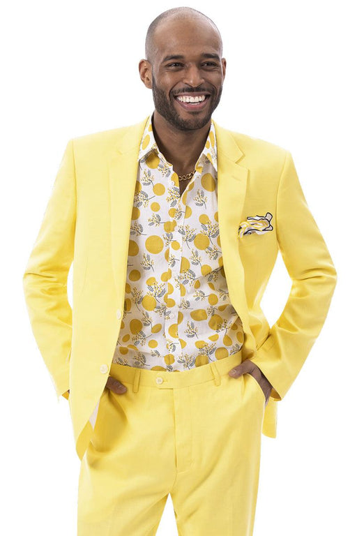 EJ Samuel Men's Summer Suit: Modern Fit, Linen Blend, Yellow - USA Men's Outlet