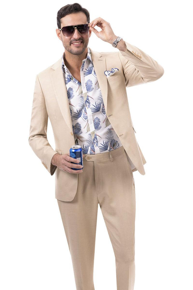 "EJ Samuel Men's Tan Linen Suit: Modern, Casual Fit for Summer" - USA Men's Outlet