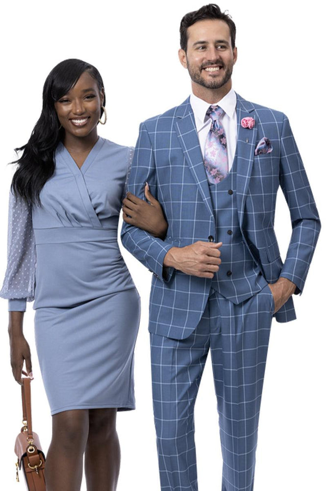 EJ Samuel Men's Teal Blue Vested Windowpane Suit: Refined One-Button Style. - USA Men's Outlet