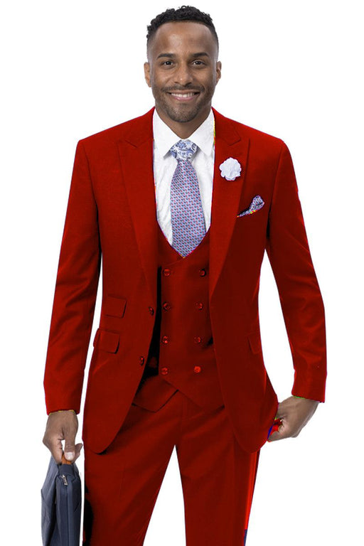 EJ Samuel Men's Vested Peak Lapel Suit in Red: Modern Style with Double Breasted Vest - USA Men's Outlet