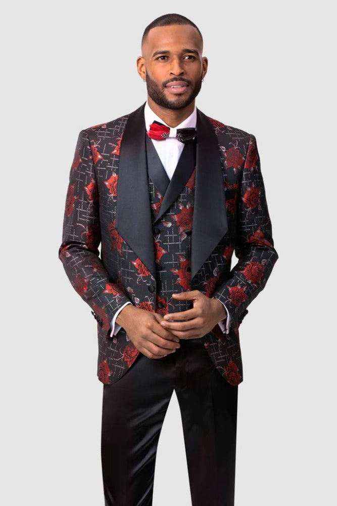 EJ Samuel Men's Vested Tuxedo Blazer w/ Diamond Shawl Lapel & Red Flower Print - USA Men's Outlet