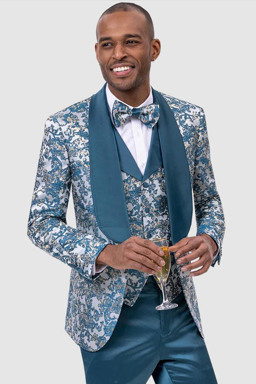 EJ Samuel Men's Vintage Paisley Brocade Slim-Fit Teal Tuxedo w/Vest - USA Men's Outlet