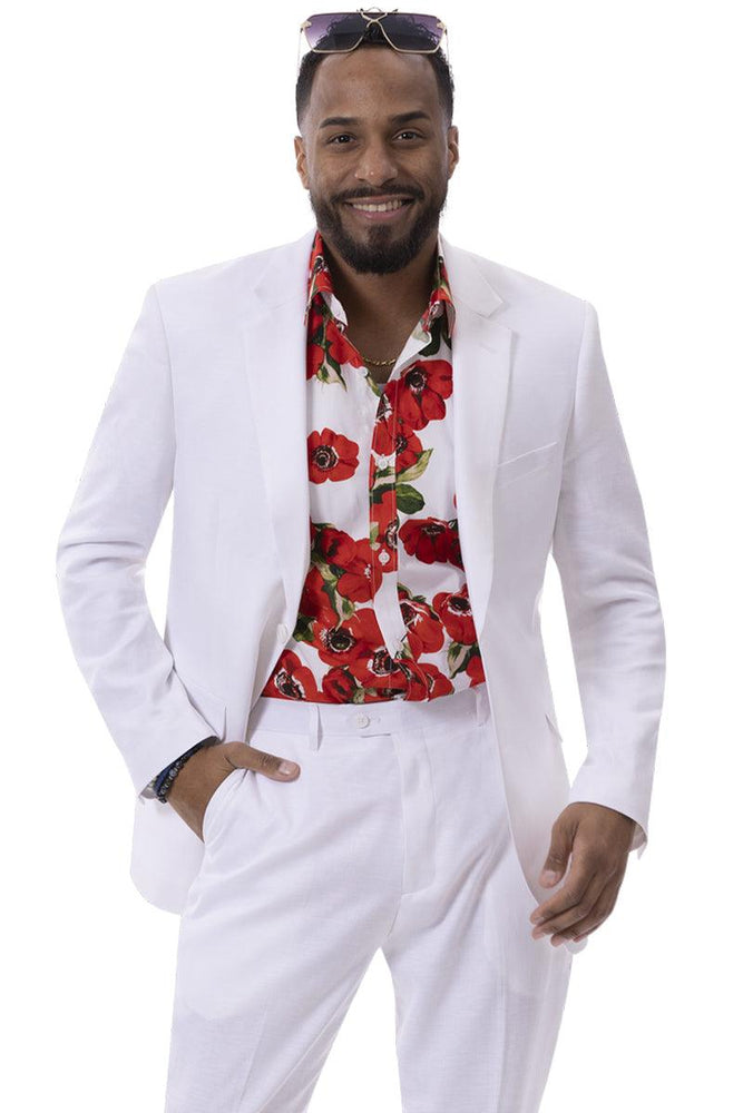 EJ Samuel Men's White Linen Modern Fit Summer Suit - USA Men's Outlet