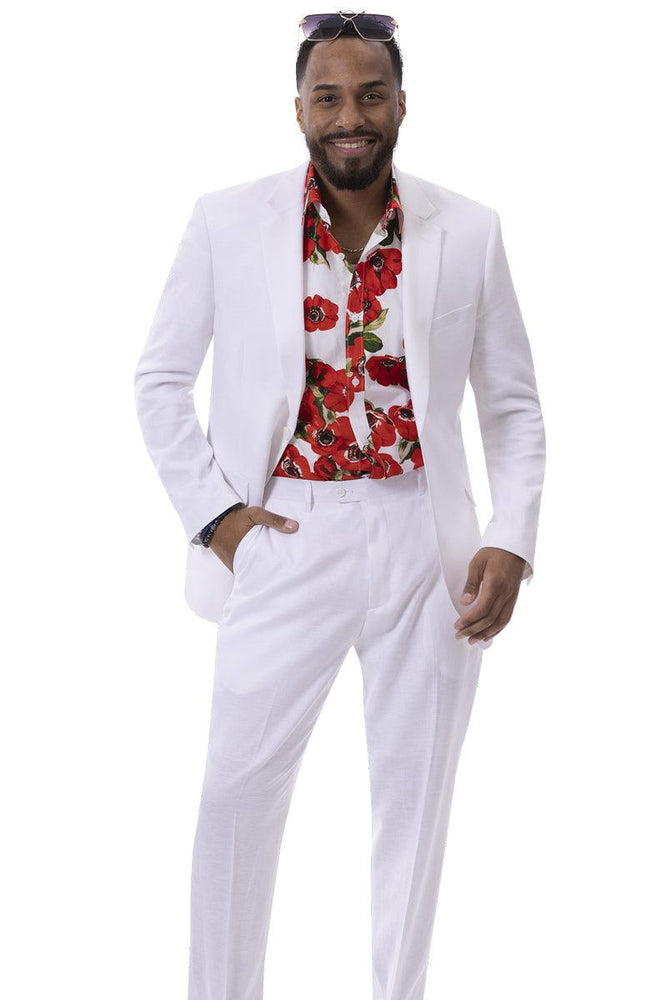 EJ Samuel Men's White Linen Modern Fit Summer Suit - USA Men's Outlet