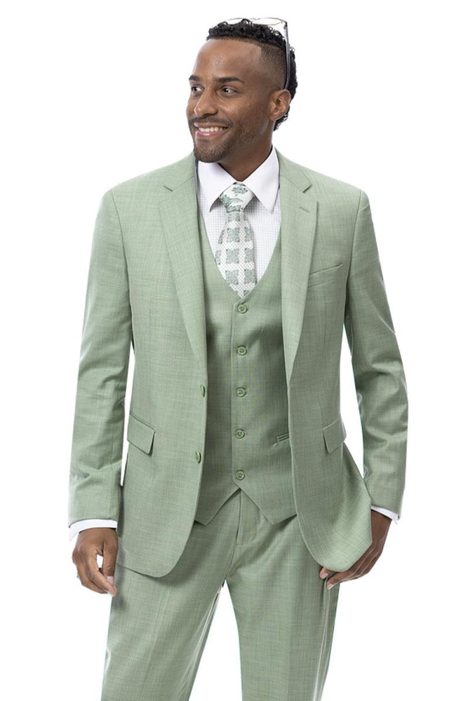 EJ Samuel Mens Modern Fit Sharkskin Vested Suit in Moss Green - USA Men's Outlet