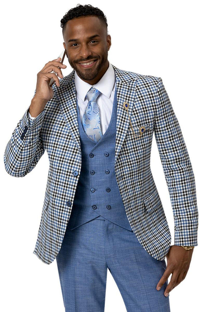 EJ Samuel Modern Fit Blue & Black Windowpane Plaid Check Vest Suit - USA Men's Outlet