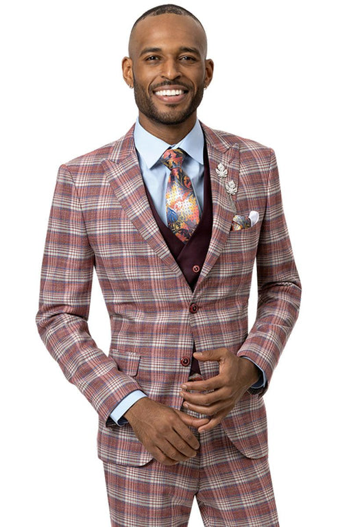 EJ Samuel Modern Fit Double Breasted Vest Suit - Burgundy Windowpane Plaid - USA Men's Outlet