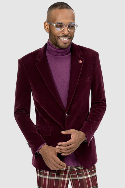 EJ Samuel: Modern Fit Velvet Blazer - Burgundy, 2-Button - USA Men's Outlet