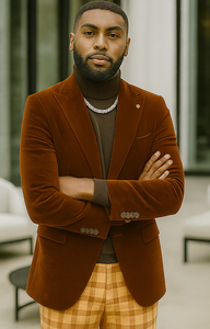 EJ Samuel | Modern Fit Velvet Blazer | Rust Light Brown Copper Color | 2-Button | Mens