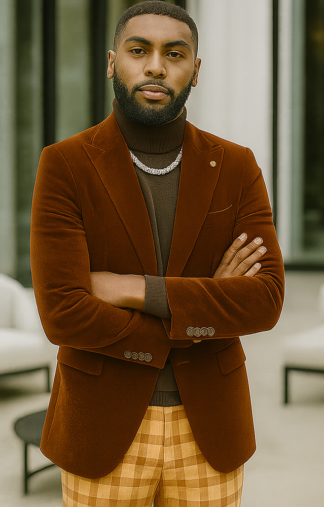 EJ Samuel | Modern Fit Velvet Blazer | Rust Light Brown Copper Color | 2-Button | Mens