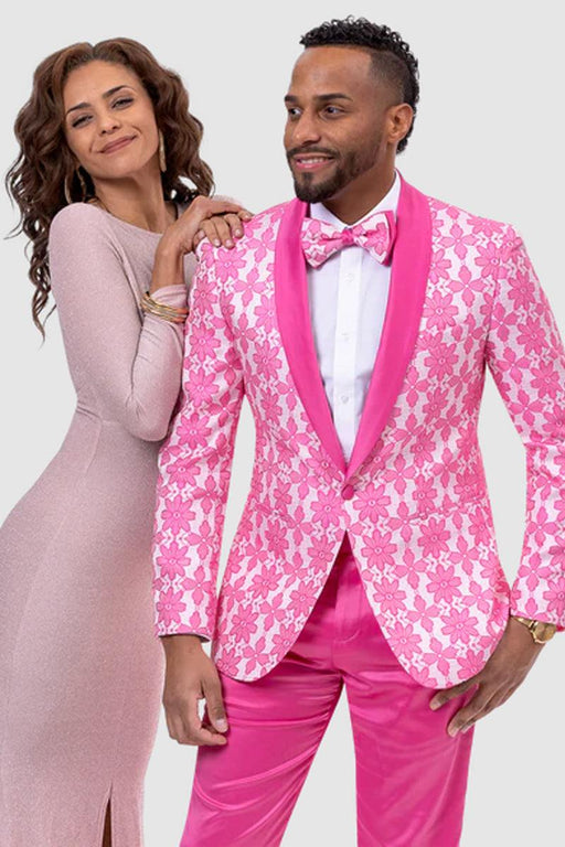 EJ Samuel Prom Tuxedo - Slim Fit Hot Pink Fuschia Floral Lace - USA Men's Outlet