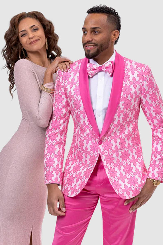 EJ Samuel Prom Tuxedo - Slim Fit Hot Pink Fuschia Floral Lace - USA Men's Outlet