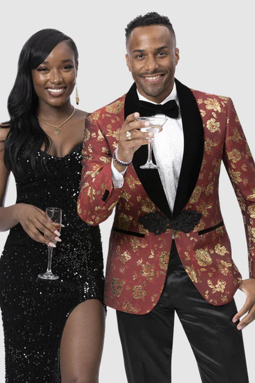 EJ Samuel Red & Gold Paisley Tux Jacket: Luxe Prom Smoking Look - USA Men's Outlet