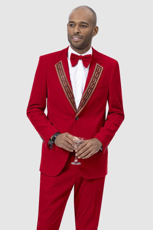 "EJ Samuel Red Velvet Tuxedo Suit with Gold Sequin Lapel - Modern Fit" - USA Men's Outlet