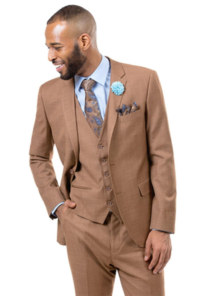 "EJ Samuel Rust Brown Sharkskin Weave Vested 2-Button Suit" - USA Men's Outlet