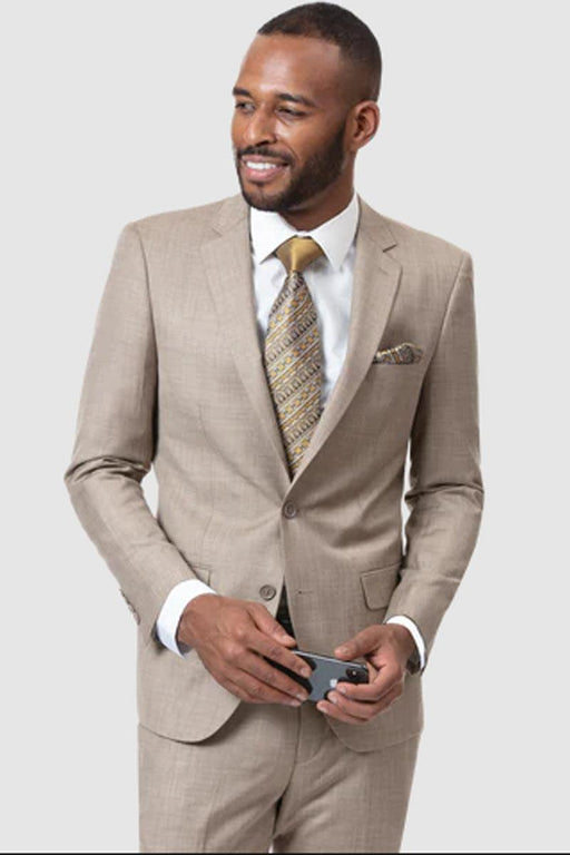 "EJ Samuel Taupe Sharkskin Weave Modern Fit 2-Button Suit" - USA Men's Outlet