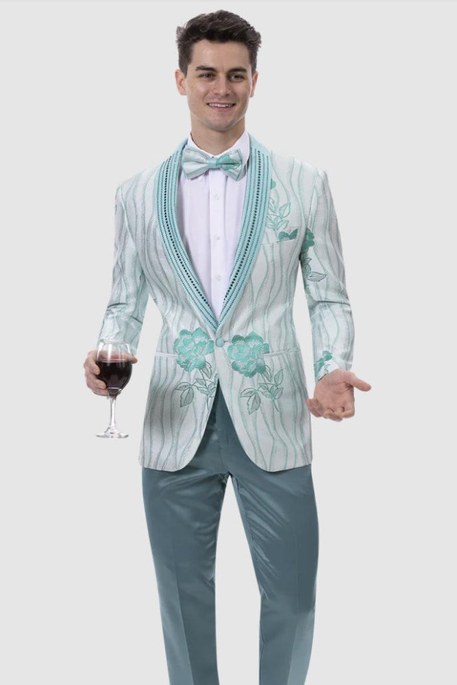 EJ Samuel Teal Prom Tux Jacket: Flower & Wave Pattern w/Stud Lapel - USA Men's Outlet