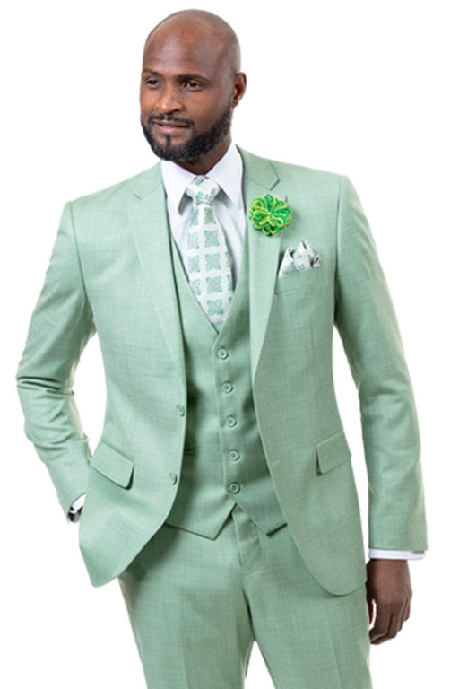 EJ Samuel Two-Button Vested Sharkskin Weave Business Suit - Moss Green - USA Men's Outlet