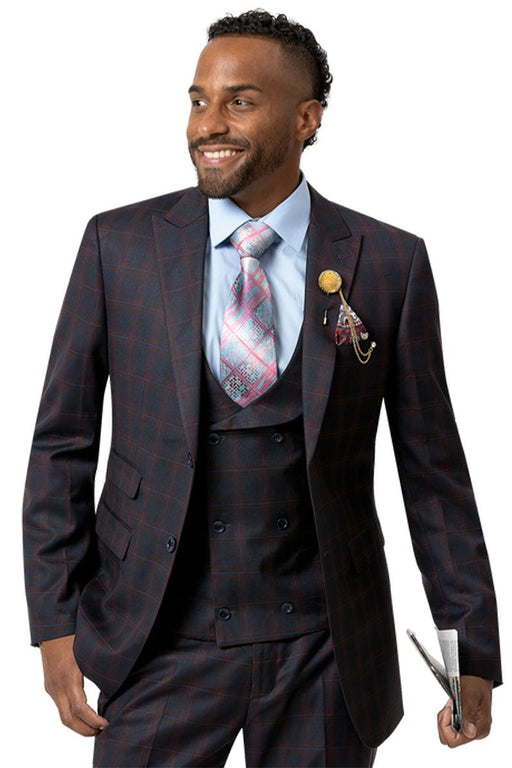 "EJ Samuel Vested Navy & Red Windowpane Plaid Mens Fashion Suit" - USA Men's Outlet