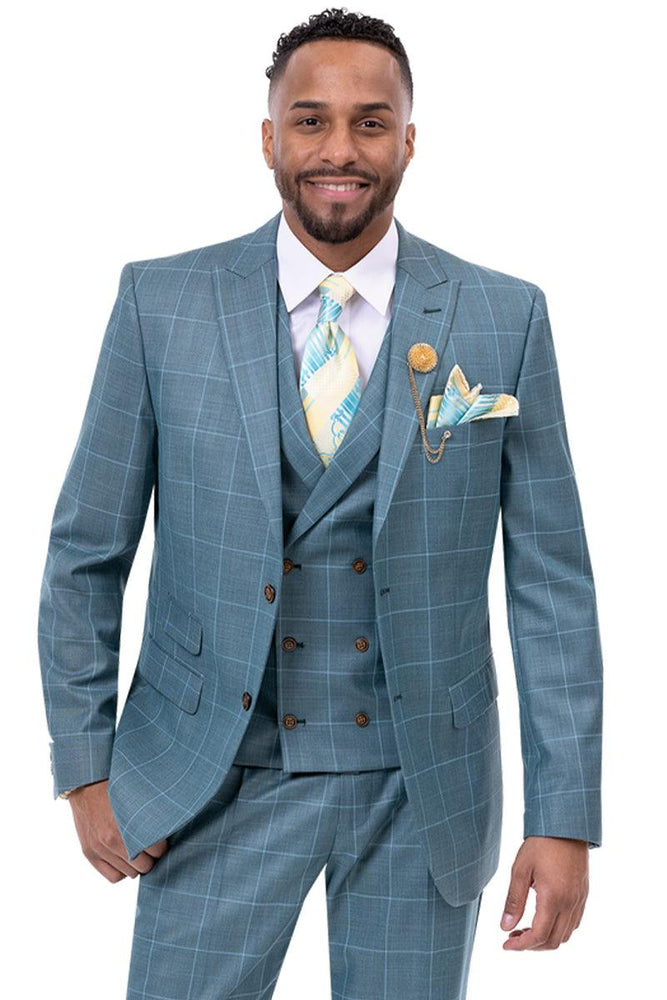 EJ Samuel Vested Teal Suit - 2-Button Peak Lapel Windowpane Plaid - USA Men's Outlet