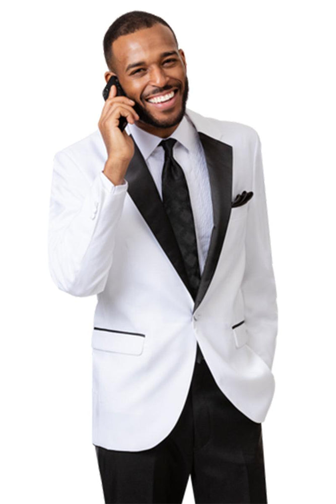 EJ Samuel White & Black Tuxedo with Notched Lapel & Single Button - USA Men's Outlet