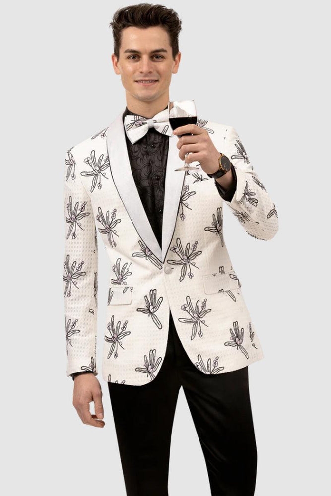 "EJ Samuel White One-Button Stencil Prom Tuxedo Jacket" - USA Men's Outlet