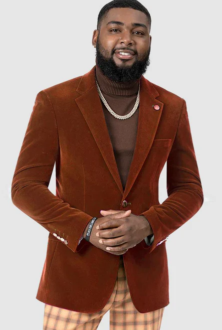 EJ Samuel | Modern Fit Velvet Blazer | Rust Light Brown Copper Color | 2-Button | Mens
