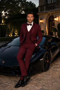 Maroon Prom Suit - Maroon Prom Tuxedo Suits - Maroon Wedding Tuxedo Mens One Button Satin Trim Shawl Tuxedo in Burgundy Wool