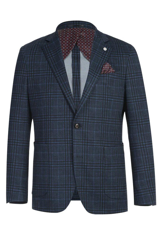 "Elevate Your Style In Pelago's Blue Grey Windowpane Plaid Slim Fit Blazer" - USA Men's Outlet