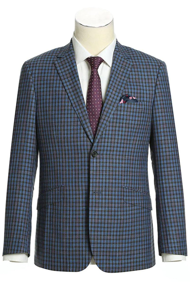 Elevated Men's Two-Button Slim-Fit Wool Sport Coat Blazer in Navy & Burgundy Mini Check - Renoir - USA Men's Outlet