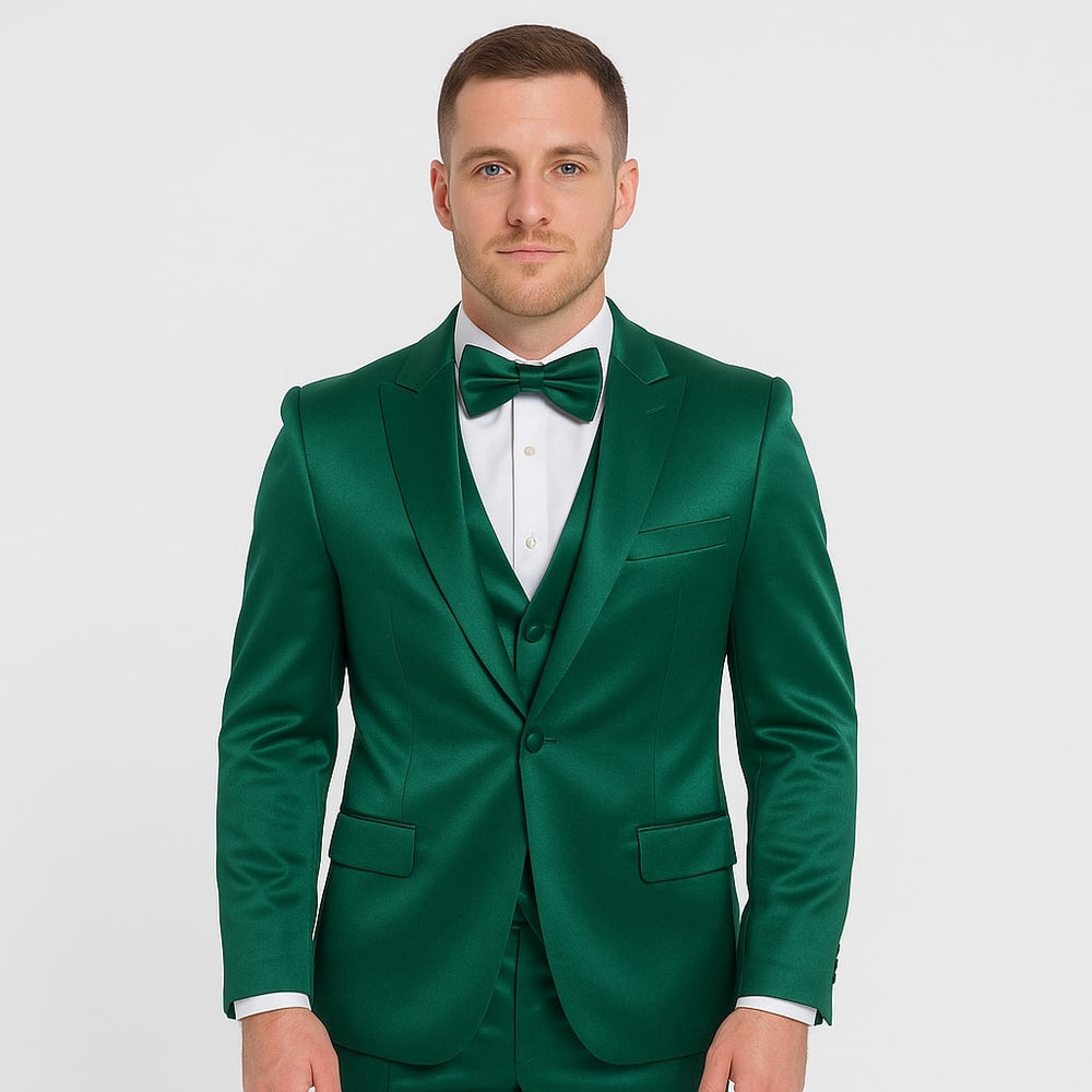 Emerald Green Satin Tuxedo Set – Formal 4-Piece Outfit for Prom or Wedding