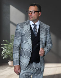 Statement Men's 3 Piece Plaid 100% Wool Modern Fit Suit - Peak Lapel
