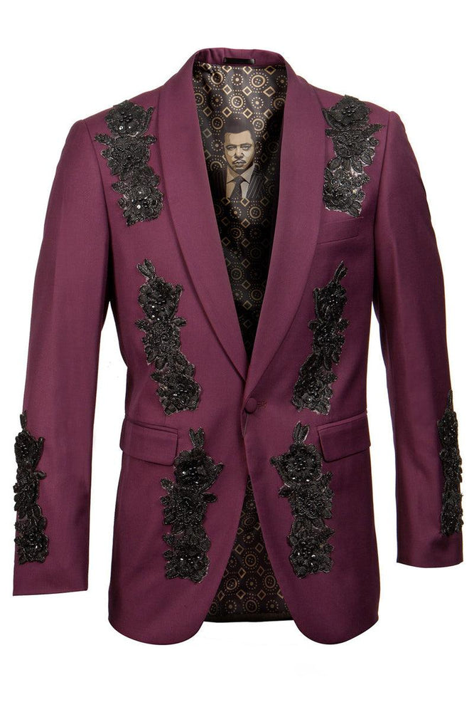 Empire Men's Floral Seq. Shwl Collar Dinner Jacket - Burgundy - USA Men's Outlet