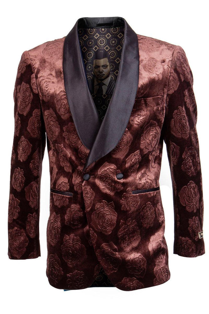 "Empire Rust Velvet Smoking Jacket: Floral Rose Print Double Breasted" - USA Men's Outlet