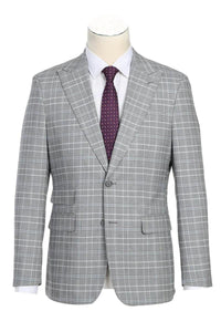 English Laundry Men's 2-Btn Slim Fit Suit in Light Grey Smoke Windowpane Plaid - USA Men's Outlet
