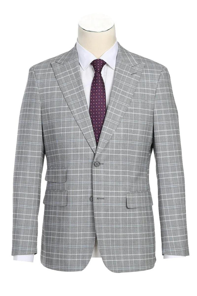 English Laundry Men's 2-Btn Slim Fit Suit in Light Grey Smoke Windowpane Plaid - Elegant Mensattire