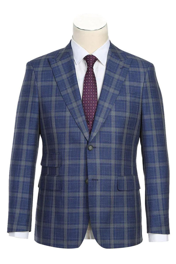 "English Laundry Men's Blue & Gold Windowpane Plaid Slim Suit" - Elegant Mensattire