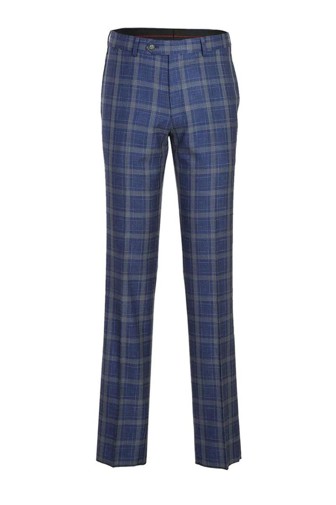 "English Laundry Men's Blue & Gold Windowpane Plaid Slim Suit" - Elegant Mensattire