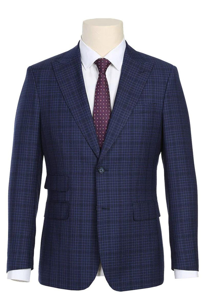 "English Laundry Men's Navy Slim Suit w/ Peak Lapel & Overcheck Plaid" - USA Men's Outlet