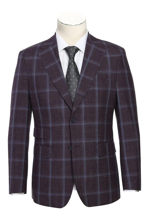 English Laundry Men's Two-Button Wool Suit in Dark Purple Eggplant Windowpane Plaid - USA Men's Outlet