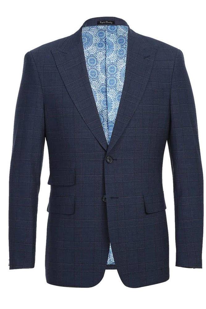 "English Laundry Slim-Fit Wool Suit with Peak Lapel in Prussian Blue Windowpane Plaid" - USA Men's Outlet