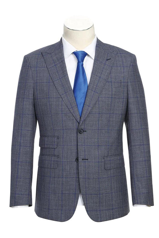 "English Laundry Wool Suit: Grey & Blue Windowpane Plaid w/Slim Fit Peak Lapel" - USA Men's Outlet