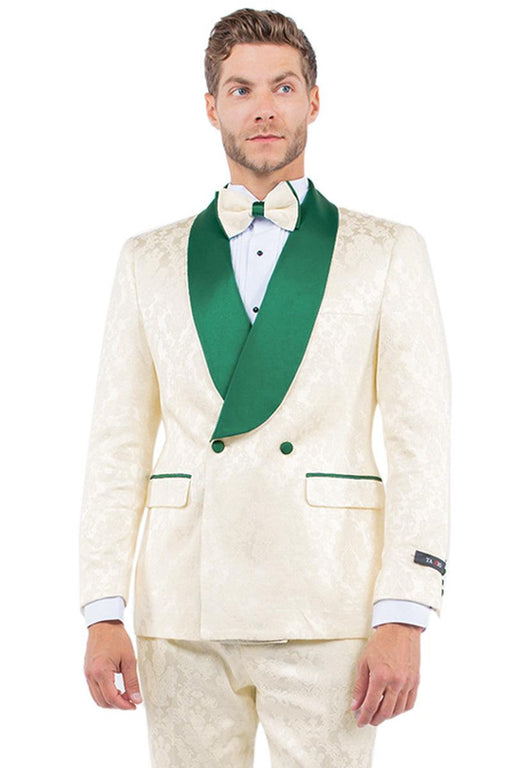 EXAMPLE: Tazio Men's Slim-Fit Double-Breasted Paisley Smoking Jacket in Ivory & Emerald Green - USA Men's Outlet