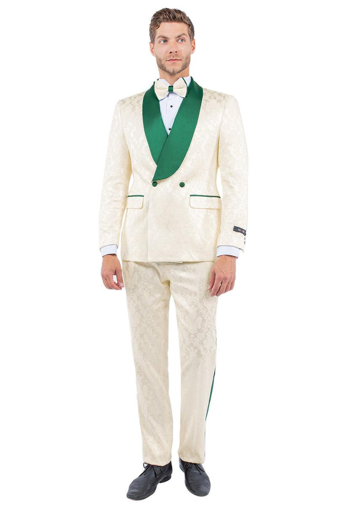 EXAMPLE: Tazio Men's Slim-Fit Double-Breasted Paisley Smoking Jacket in Ivory & Emerald Green - USA Men's Outlet