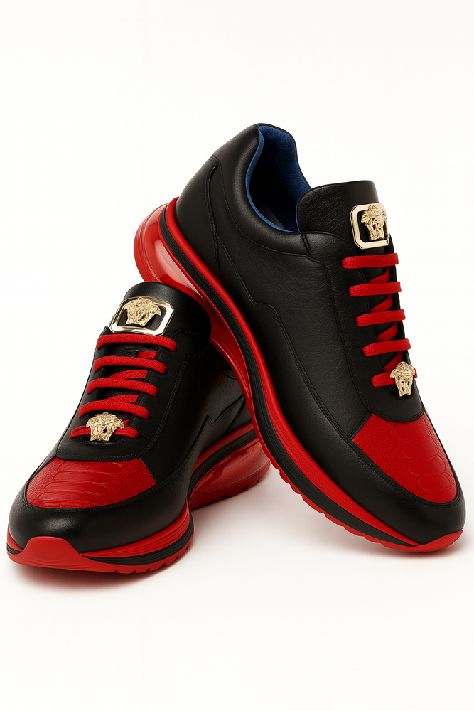 Belvedere  Flash Men's Shoes Black & Red Exotic Ostrich / Calf-skin Leather Casual Sneakers