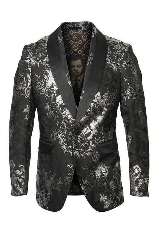 Exquisite Men's Shawl Collar Black Tuxedo Blazer with Silver Foil Paisley by Empire - USA Men's Outlet